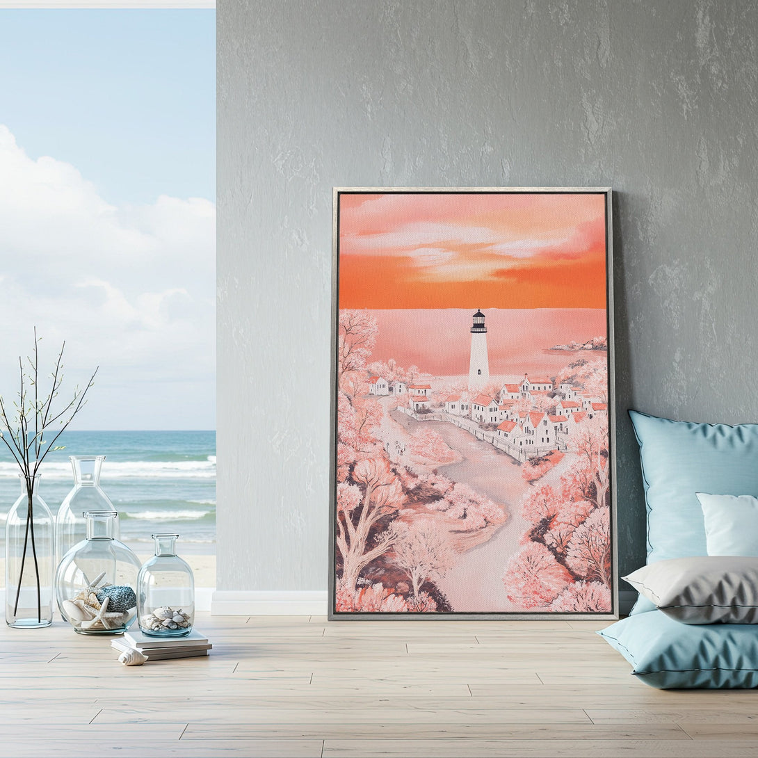Framed Wall Art: Coastal lighthouse scene in warm coral tones. Perfect for adding a touch of serenity and style to your home decor. Shop now!