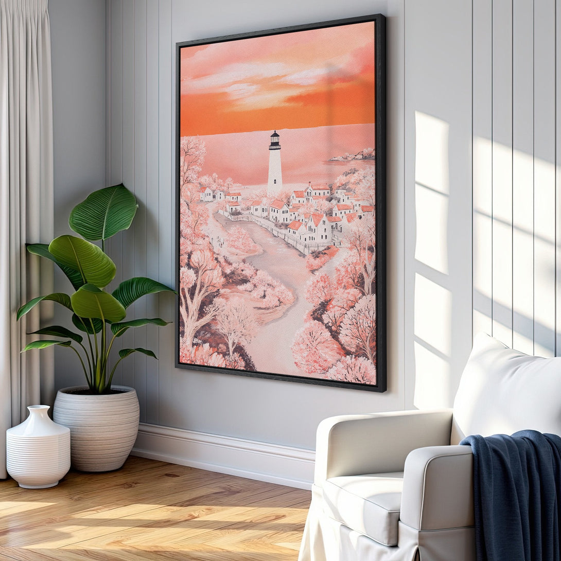 Framed Wall Art featuring a coastal village scene in a soft, pink and orange color palette. Perfect for adding a touch of serenity to your space.
