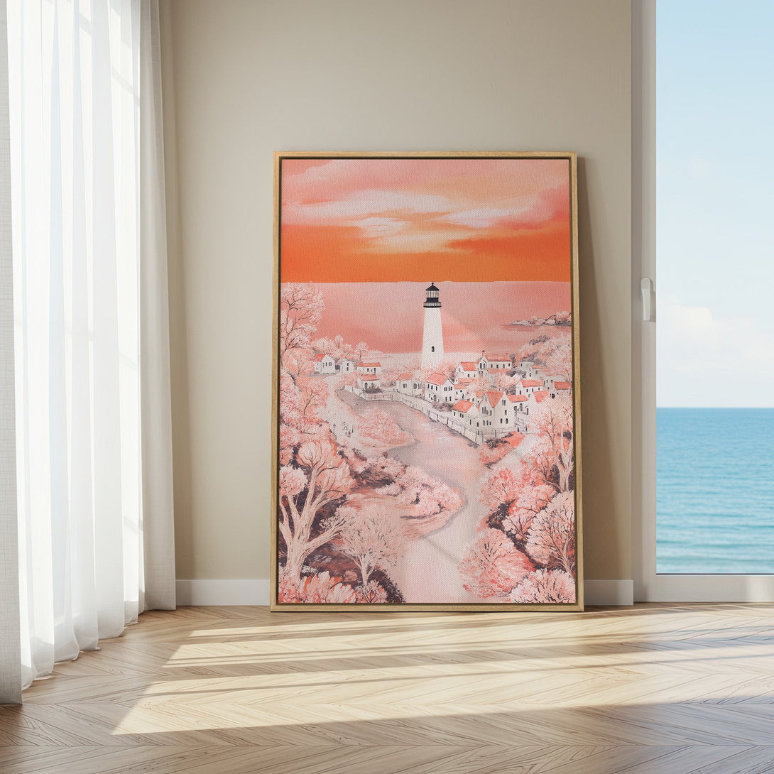 Framed Wall Art featuring a coastal village scene. Soft, romantic style with a warm peach and pink color palette. Perfect for adding a touch of serenity.
