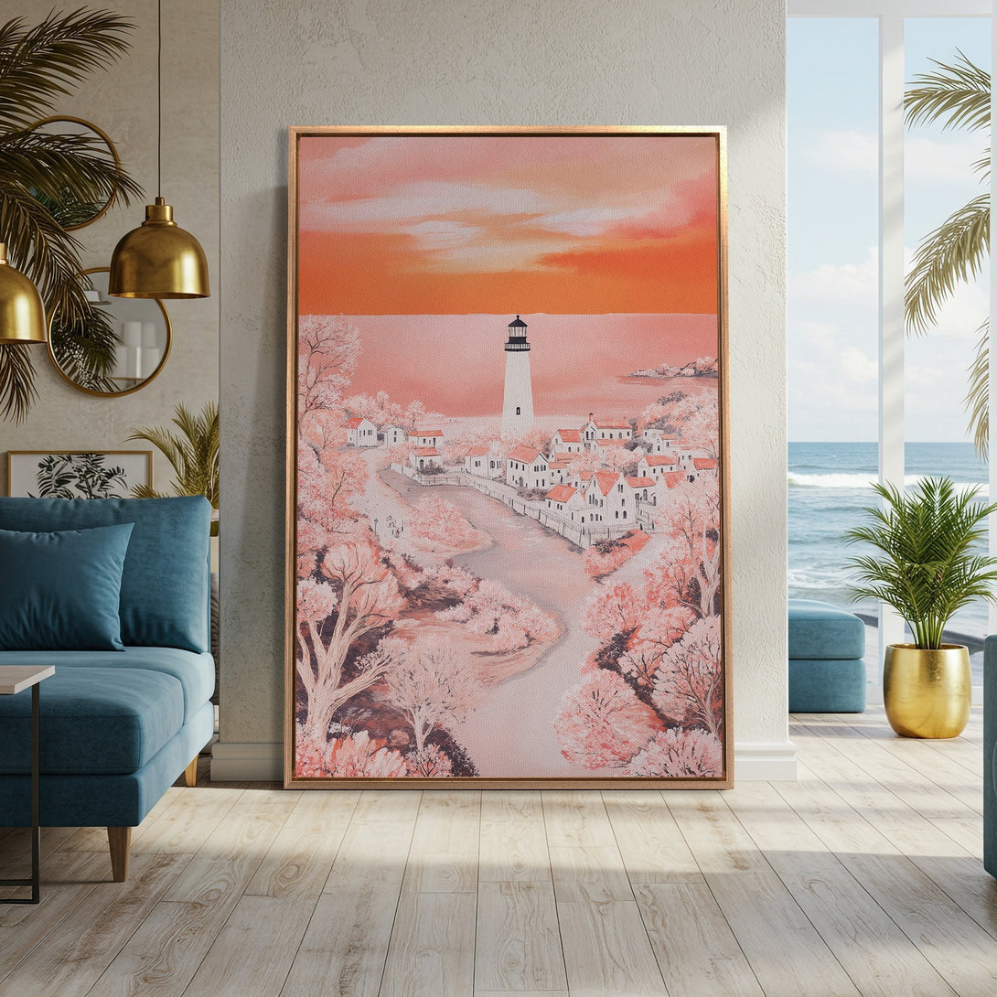 Framed Wall Art featuring a coastal landscape in a soft pink and orange color palette. Perfect for adding a touch of serenity to your home decor.