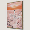 Lighthouse and Coastal Town Framed Canvas Print, Pastel Pink and Orange