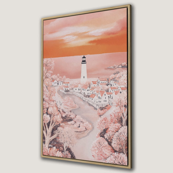 Framed Wall Art featuring a serene coastal village painting in a warm peach and orange palette. Perfect for adding a touch of tranquility to any space.