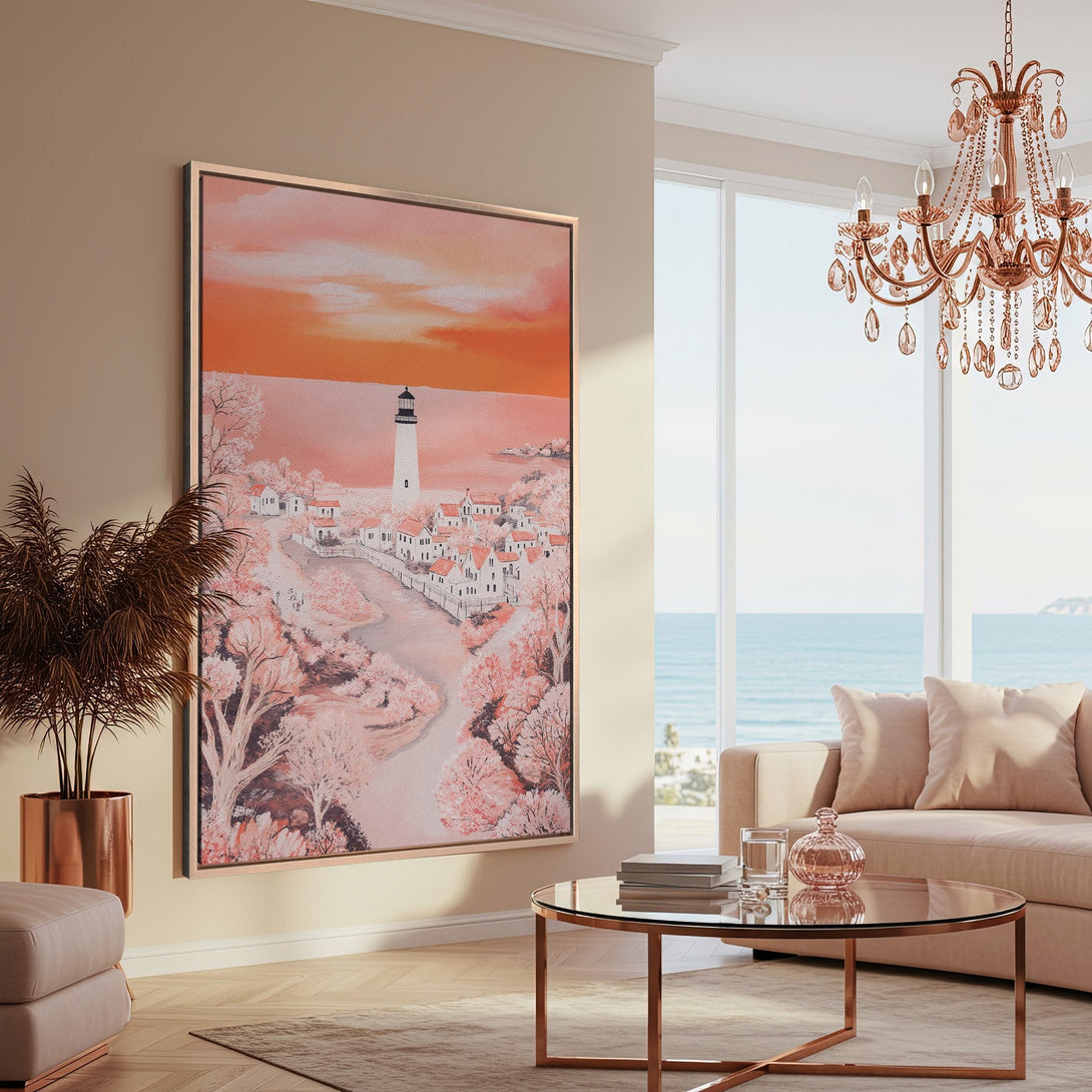 Framed Wall Art featuring a coastal landscape in a warm peach and pink color palette. Perfect for adding a touch of serenity to your living space.