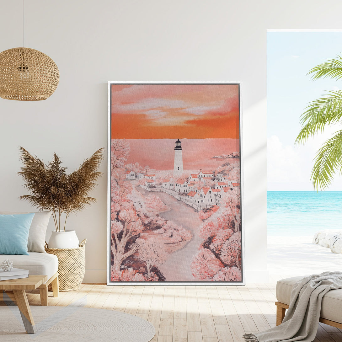 Framed Wall Art featuring a coastal landscape in a warm peach and white color palette. Perfect for adding a touch of serenity to your home decor.