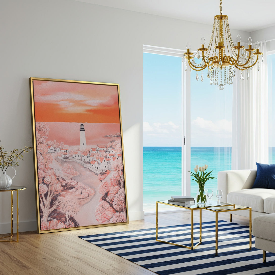 Canvas Print of a lighthouse scene in a coastal village, featuring a warm peach and pink color palette. Perfect for adding a touch of serenity!