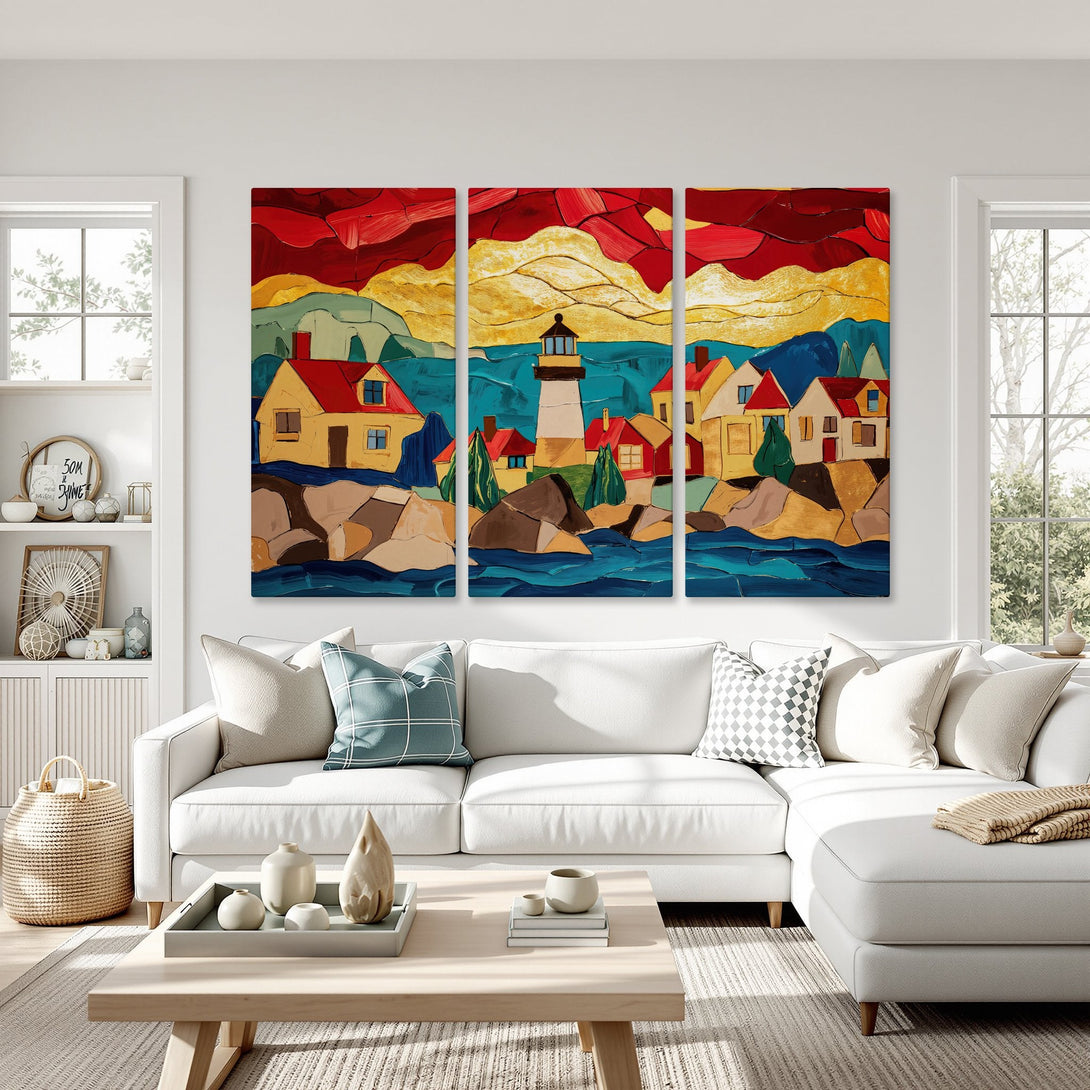 Abstract lighthouse and village Canvas Print with vibrant red, yellow, and blue color palette. Modern wall art for coastal decor.