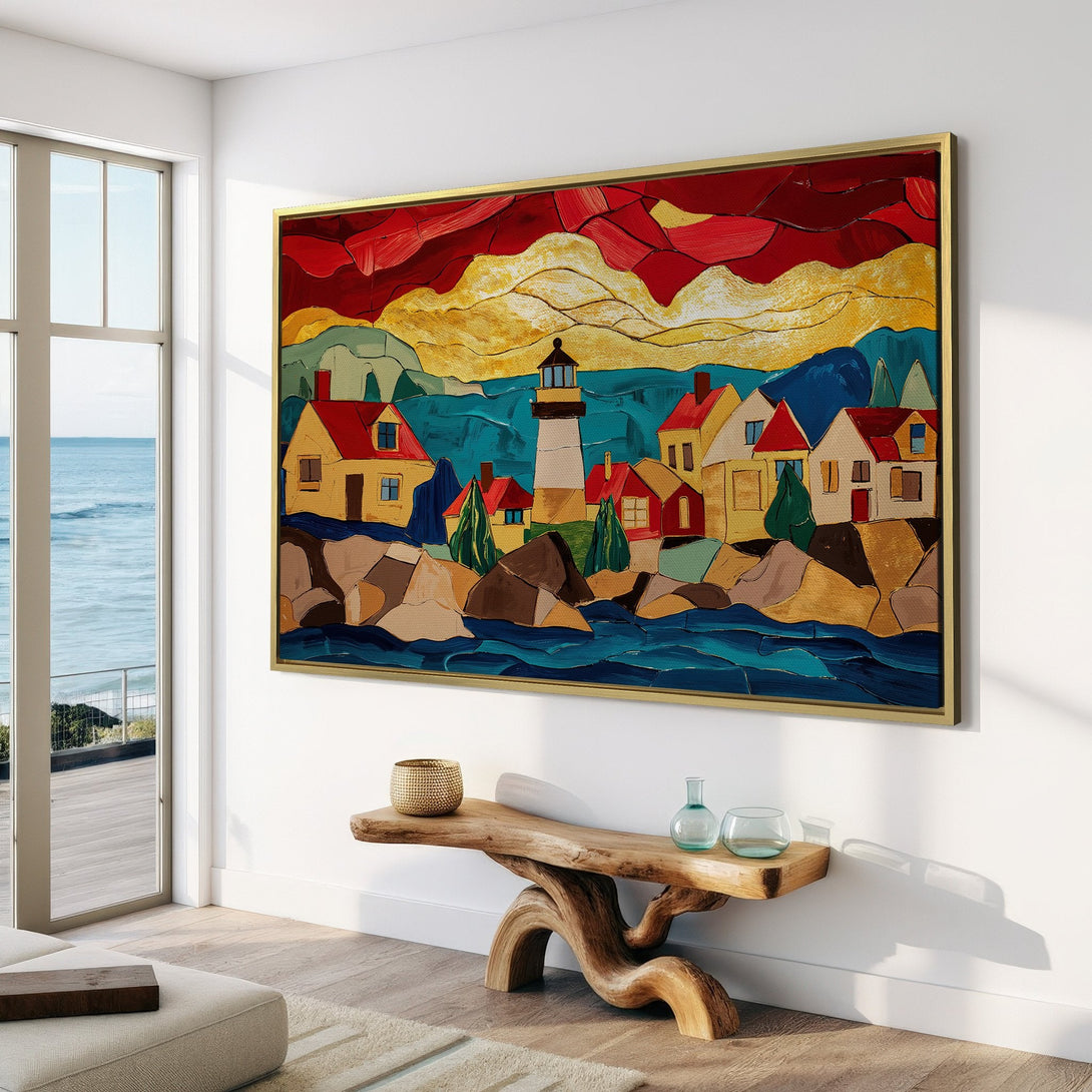 Canvas Print of a coastal village scene in a vibrant, abstract style with a warm red, yellow, and blue color palette. Perfect wall art!