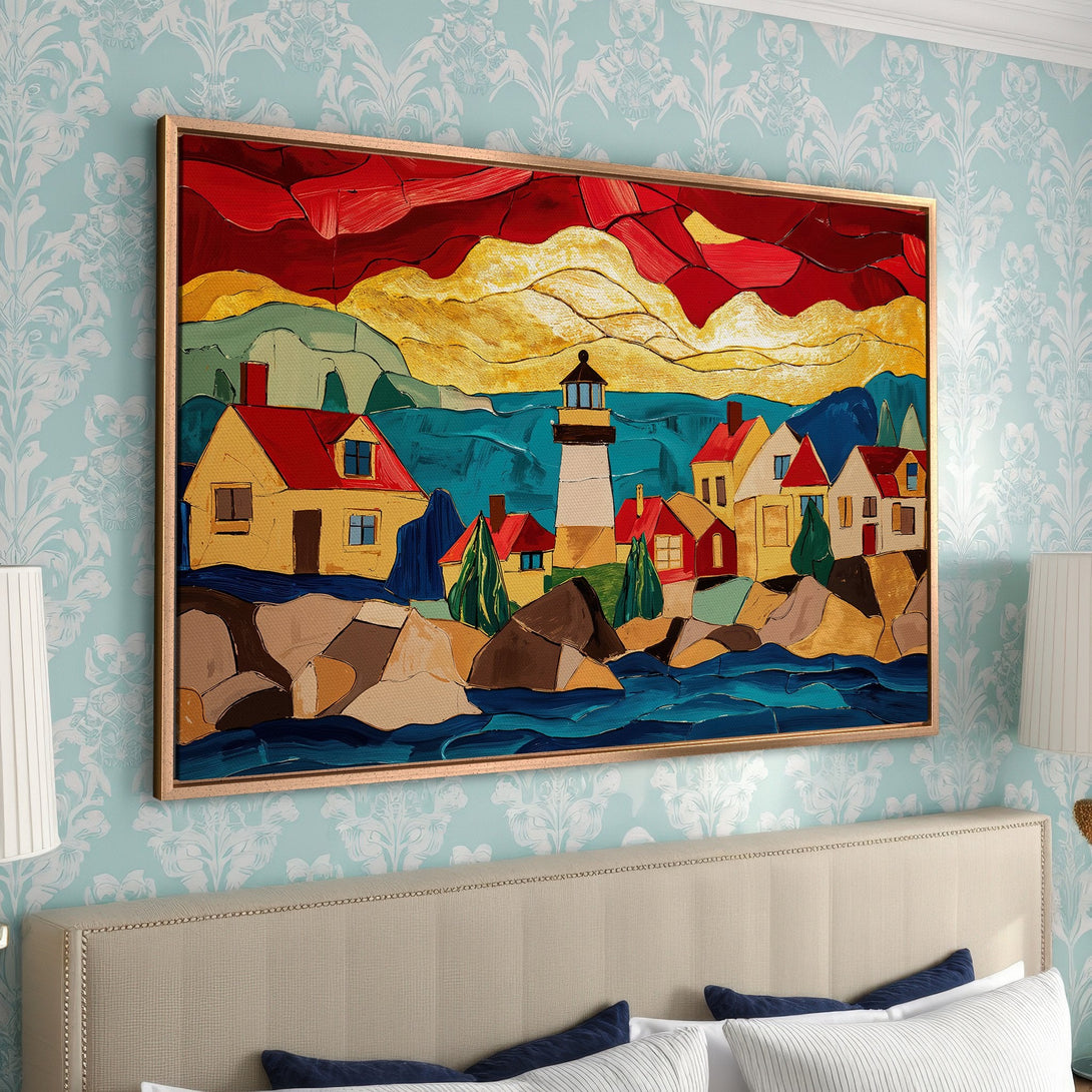 Framed Wall Art of a coastal scene in vibrant colors. Abstract style with a lighthouse, houses, and a warm color palette. Perfect for home decor.