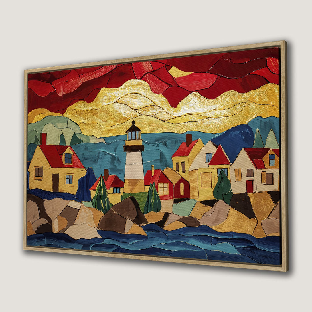 Framed Wall Art: Abstract coastal scene Canvas Print with a lighthouse, houses, and vibrant red, gold, and blue color palette. Perfect for home decor.