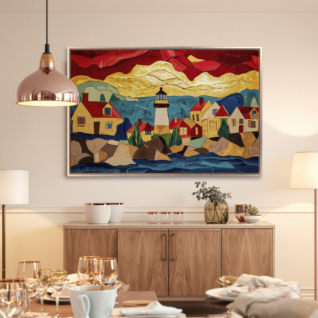 Framed Wall Art: Coastal scene Canvas Print in vibrant red, gold, and blue. Perfect for adding a pop of color to your home decor!