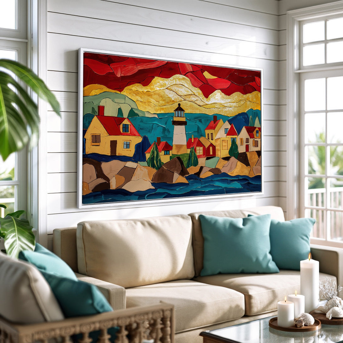 Framed Wall Art: Coastal village painting with vibrant red, yellow, and blue hues. Perfect for adding a pop of color to your living room!