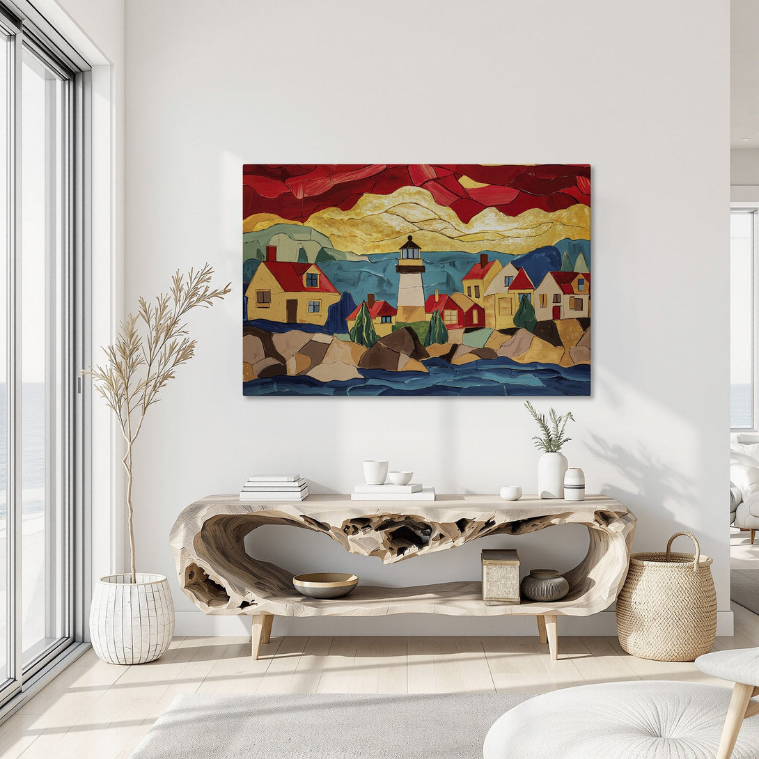 Framed Wall Art: Coastal village Canvas Print with vibrant red, yellow, and blue hues. Perfect for adding a pop of color and artistic flair to your space!