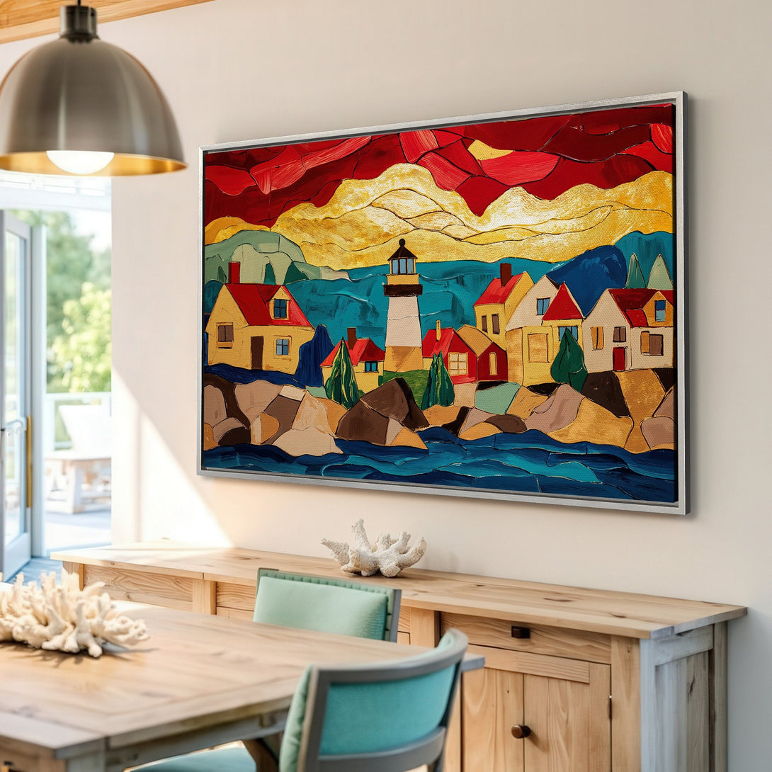 Framed Wall Art featuring a vibrant coastal landscape painting in a bold, abstract style with red, gold, and blue hues. Perfect for adding color to your home.