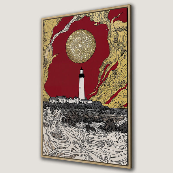 Framed Wall Art featuring a lighthouse illustration in a striking red, gold, and black color palette. Perfect coastal decor for your home!