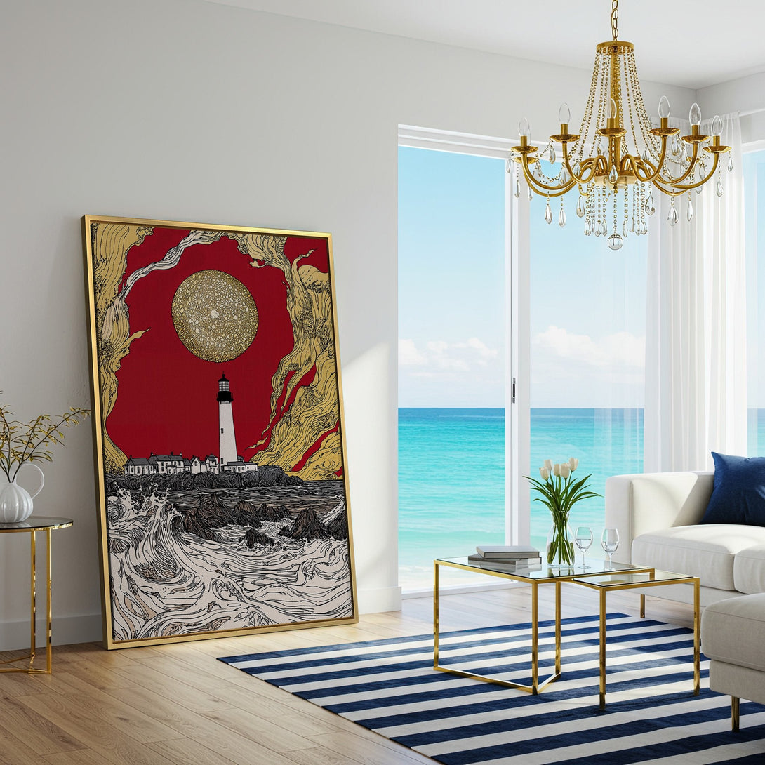 Canvas Print of a lighthouse art print in a modern living room. Features a bold red, gold, and white color palette, perfect for coastal decor.