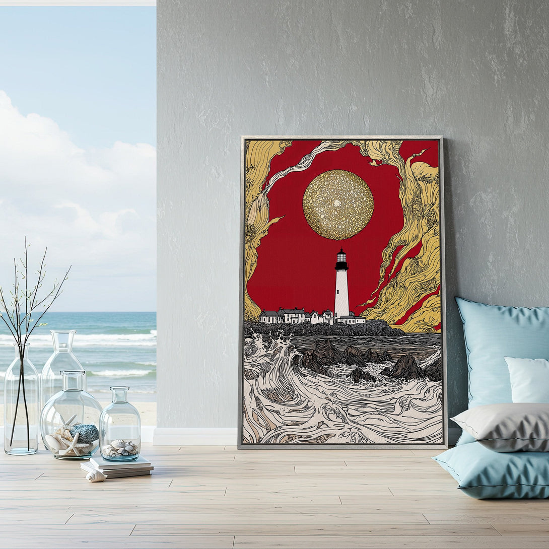 Framed Wall Art featuring a lighthouse in a bold, graphic style with a red, gold, and black color palette, perfect for coastal decor.