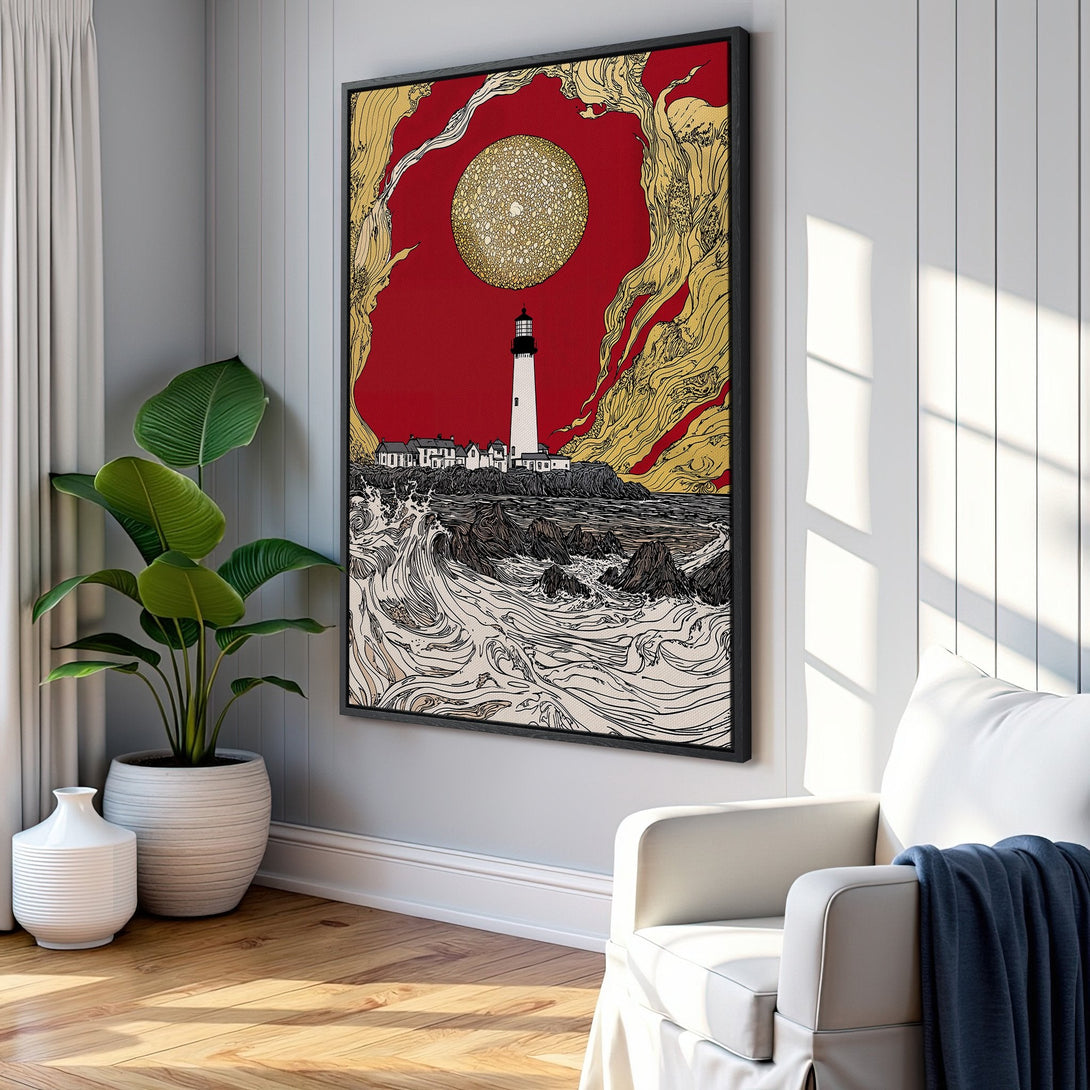 Framed Wall Art: Lighthouse art print in a striking red & gold color palette. Modern coastal style canvas print adds a bold statement to any space.