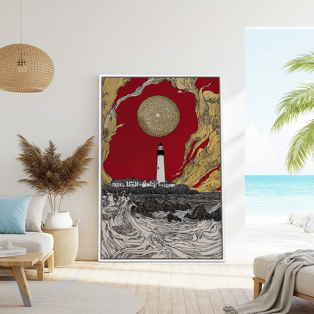 Framed Wall Art: Lighthouse print in red & gold. Coastal style canvas art for your home. Enhance your decor with this unique artwork!