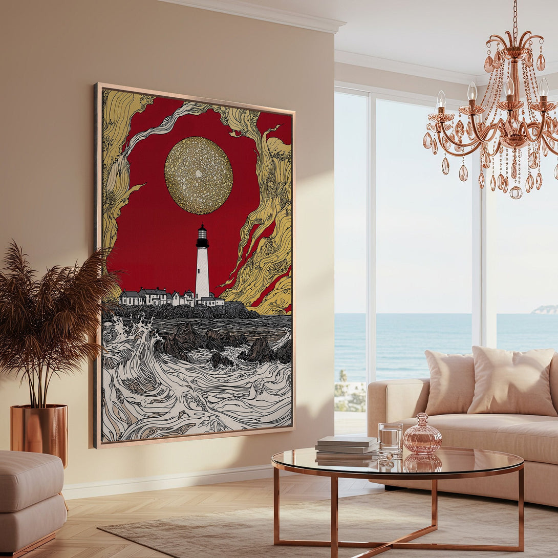 Framed Wall Art: Lighthouse art print in red, gold, and black. Coastal style canvas print adds modern flair to any space. Shop now!