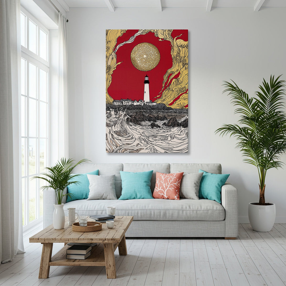 Framed Wall Art: Lighthouse art print with red, gold, and white color palette, displayed in a modern coastal interior. Perfect for adding art to your home!