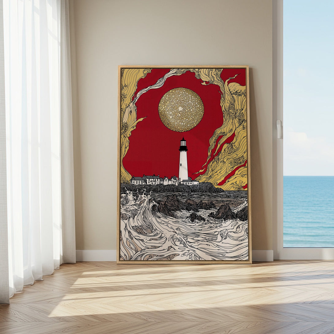 Framed Wall Art featuring a lighthouse illustration in a bold red and gold color palette. Perfect coastal decor for any space!