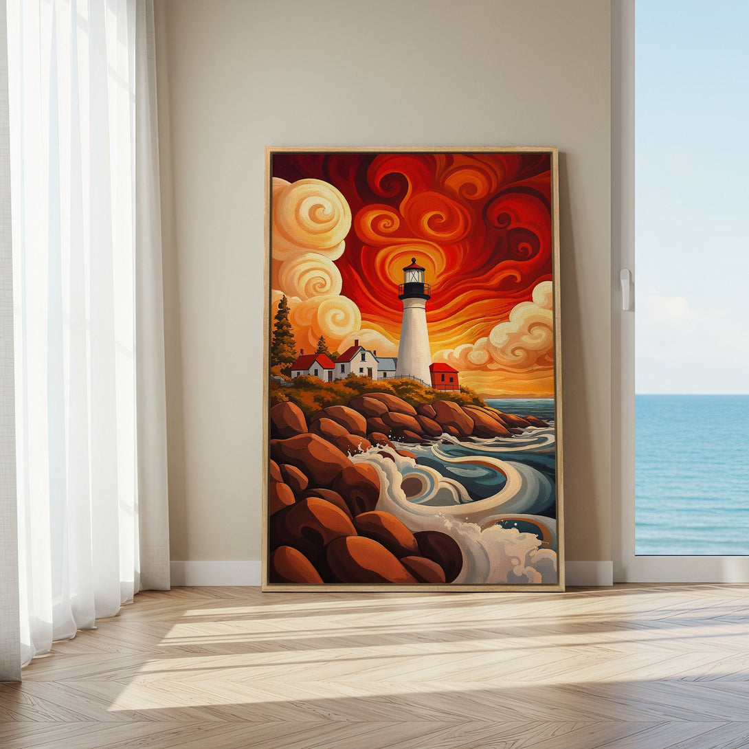 Framed Wall Art: Lighthouse painting in vibrant red and orange hues. Coastal scene with a stylized, artistic look, perfect for home decor.