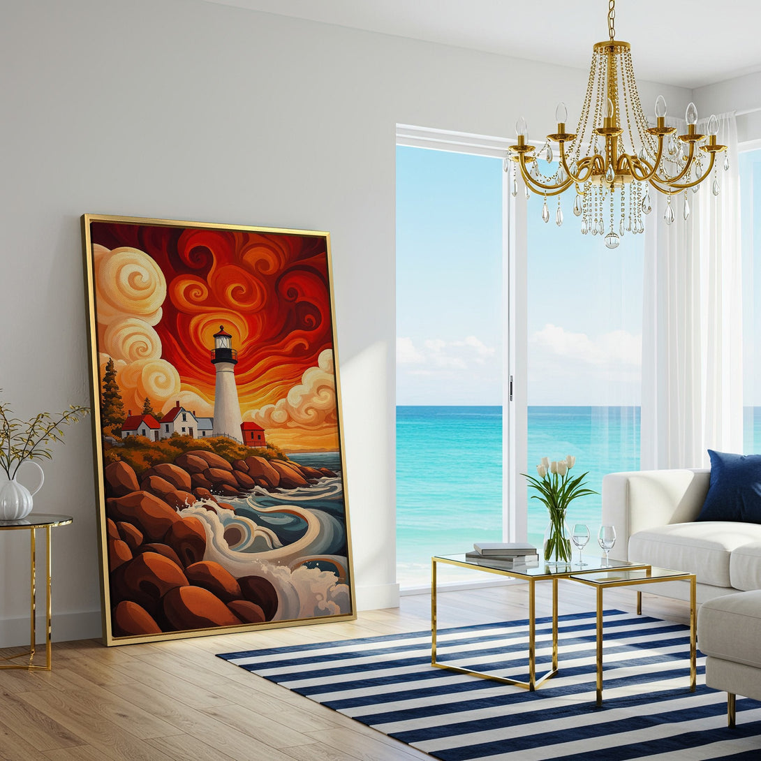 Canvas Print: Lighthouse art in warm red and orange tones. Coastal scene in a modern style, perfect for living room decor.