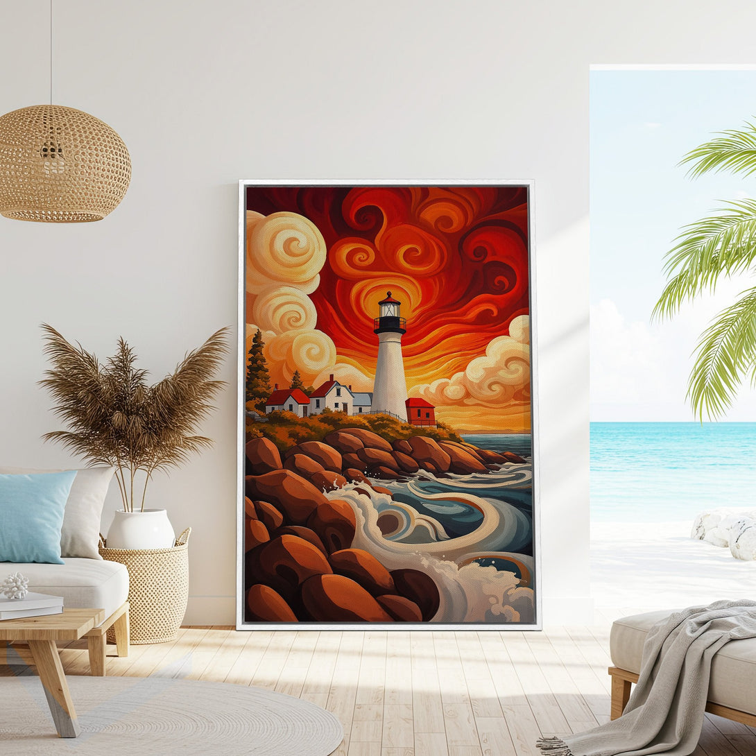 Framed Wall Art: Lighthouse painting with vibrant red, orange, and blue hues. Coastal scene in a bold, artistic style. Perfect for adding a pop of color!
