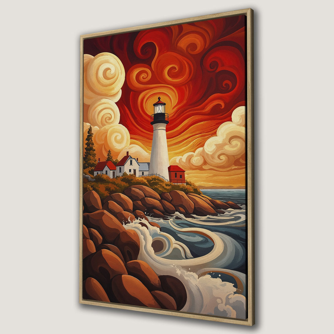 Framed Wall Art: Lighthouse painting in vibrant, warm colors. Coastal landscape art with swirling clouds and a dramatic sky. Perfect for adding a pop of color!
