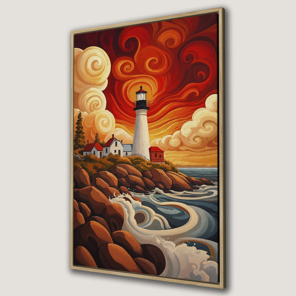 Framed Wall Art: Lighthouse painting in vibrant, warm colors. Coastal landscape art with swirling clouds and a dramatic sky. Perfect for adding a pop of color!