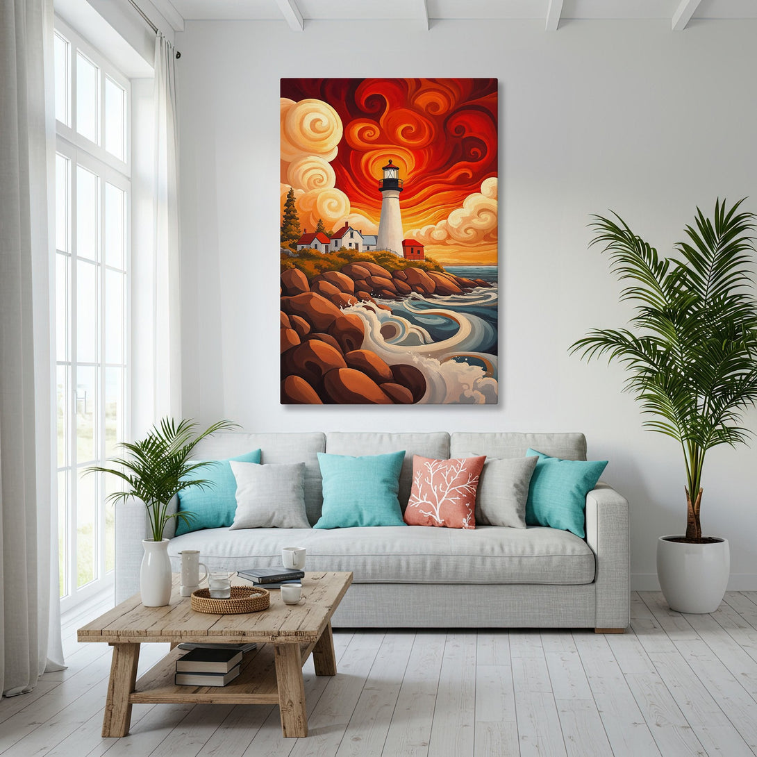 Framed Wall Art: Lighthouse painting with vibrant red, orange, and blue hues. Coastal art style displayed in a bright, modern living room setting.