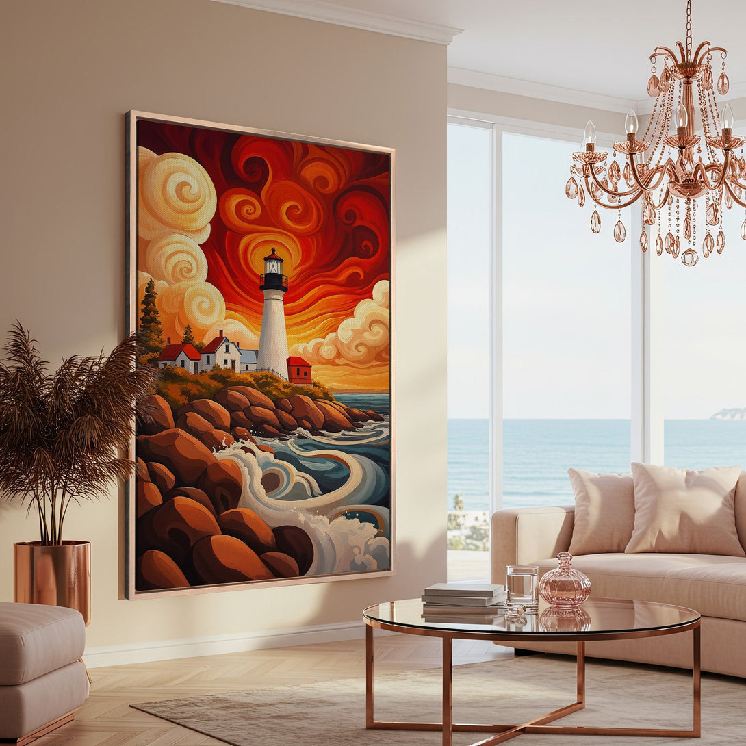 Framed Wall Art featuring a lighthouse scene in a vibrant, stylized painting. Warm red, orange, and cream color palette adds a cozy, artistic touch to any space.