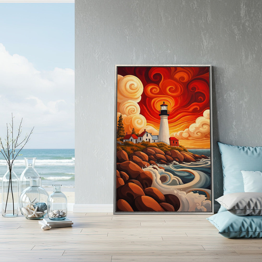 Framed Wall Art featuring a lighthouse scene with vibrant red and orange hues. Coastal art style with a warm, inviting color palette. Perfect for home decor.