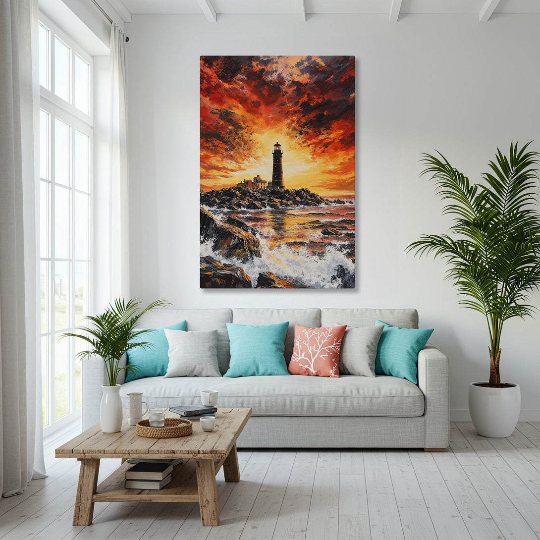 Framed Wall Art: Lighthouse painting with vibrant sunset colors. Coastal style Canvas Print adds warmth to a modern interior.
