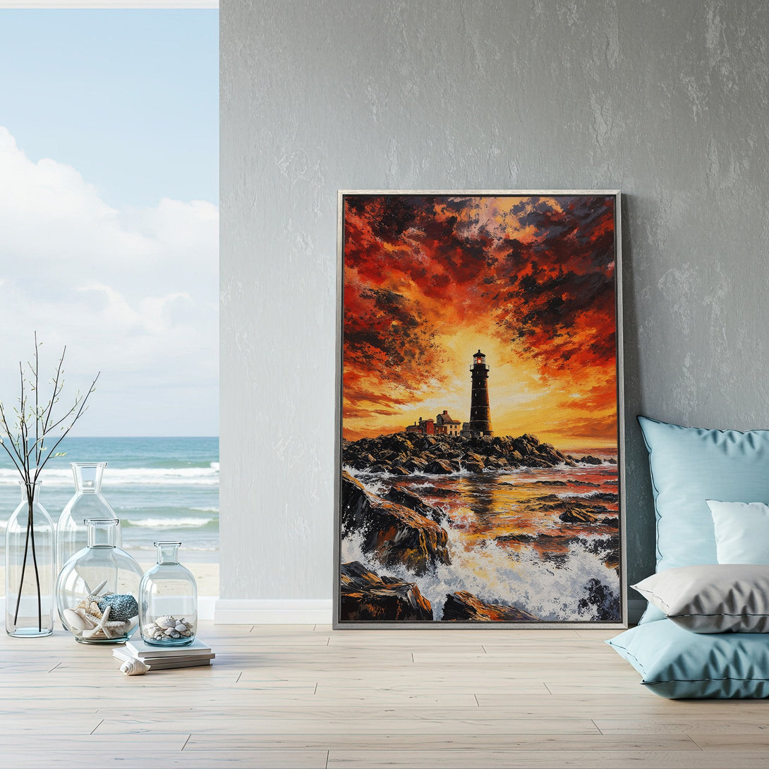 Framed Wall Art of a lighthouse at sunset. Dramatic oil painting style with a warm, fiery color palette. Perfect coastal decor for your home.