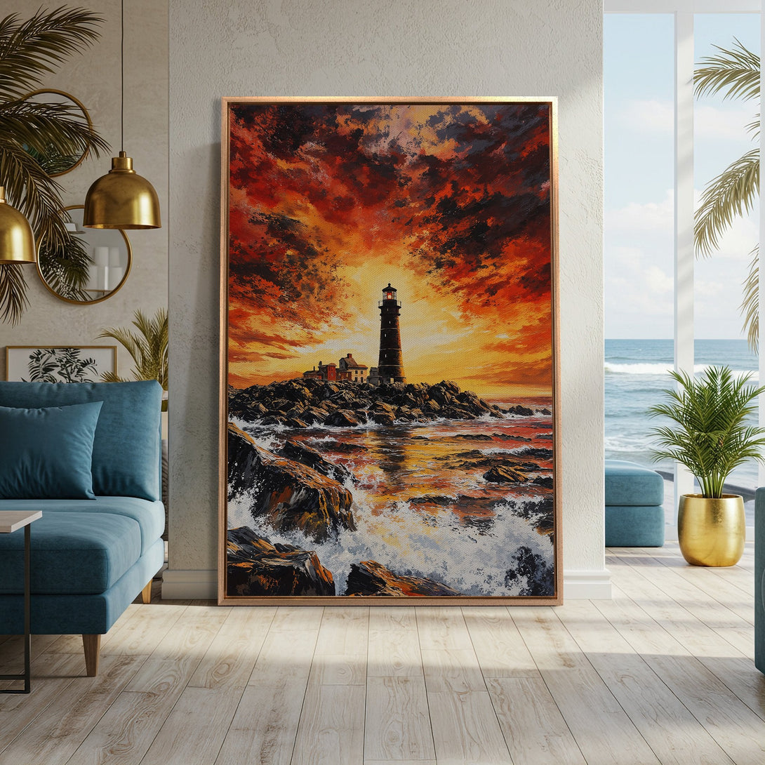 Framed Wall Art featuring a lighthouse painting with a dramatic sunset. Warm color palette of reds, oranges, and yellows. Coastal style Canvas Print perfect for any home.