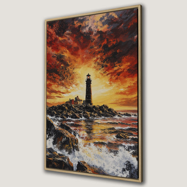 Framed Wall Art Canvas Print of a lighthouse at sunset. Dramatic oil painting style with a fiery red, orange, and yellow color palette. Perfect coastal decor.