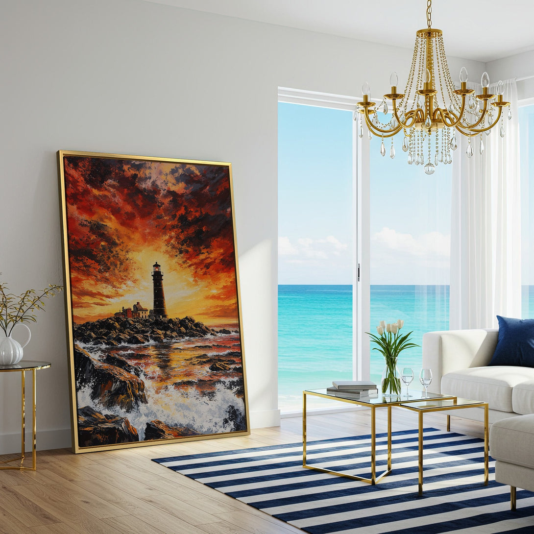 Canvas Print of a lighthouse at sunset. Dramatic, impressionistic style with a warm orange and red color palette. Perfect wall art for any space.
