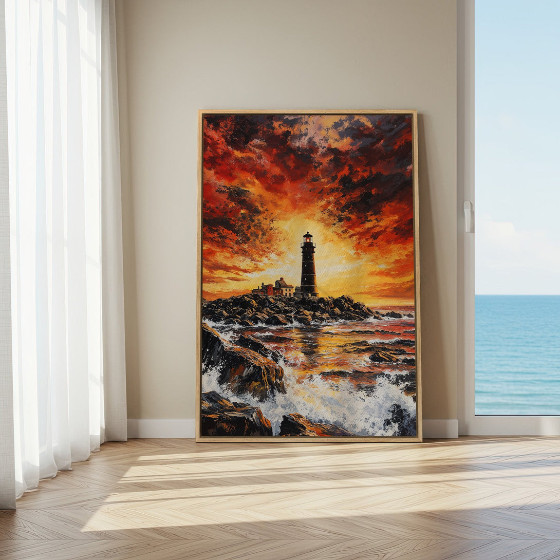 Framed Wall Art: Lighthouse painting with fiery sunset. Dramatic coastal artwork in warm red, orange, and black tones. Enhance your space with stunning wall decor.