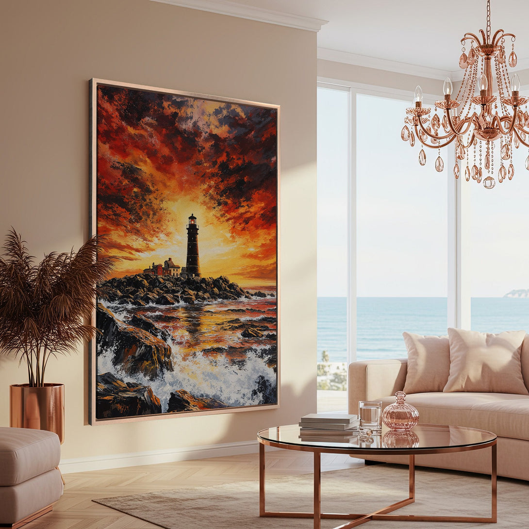 Framed Wall Art: Lighthouse painting with vibrant sunset colors. Coastal art in a modern living room, featuring warm orange and red hues.