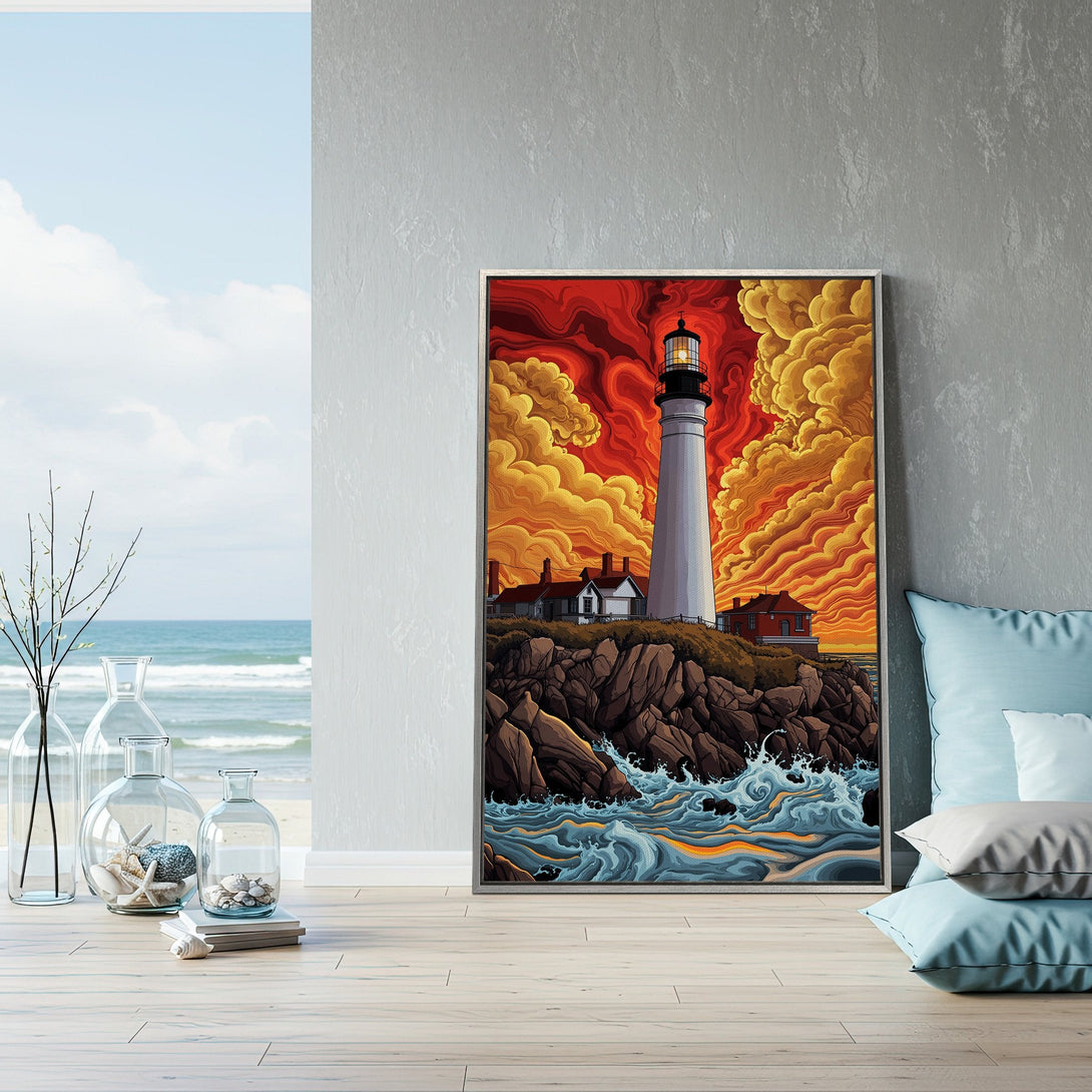 Framed Wall Art: Lighthouse Canvas Print with vibrant red and yellow sunset. Coastal art in a modern interior, perfect for adding a pop of color!