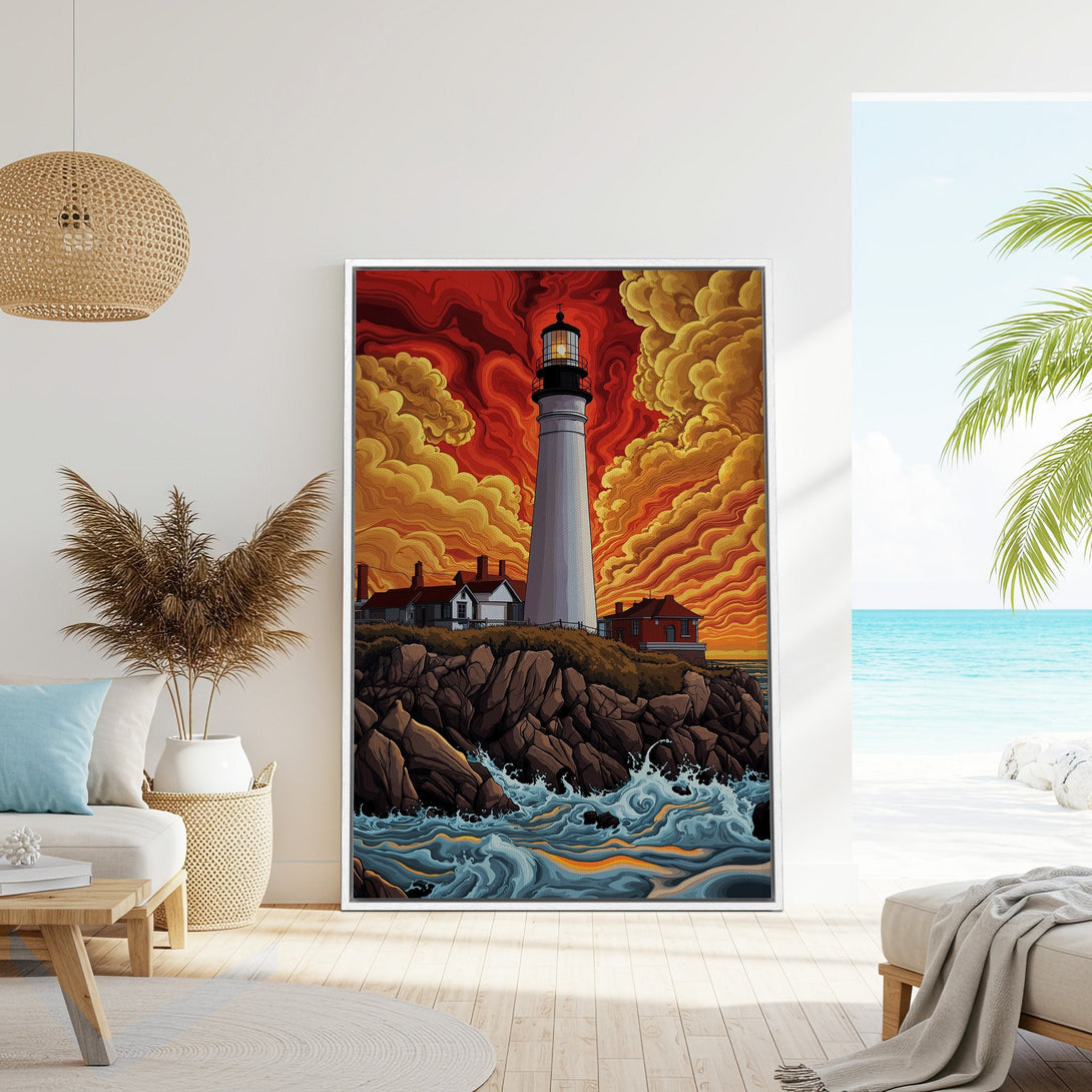 Framed Wall Art featuring a lighthouse on a rocky coast with a vibrant orange and red sky. Coastal art in a modern, stylized illustration.