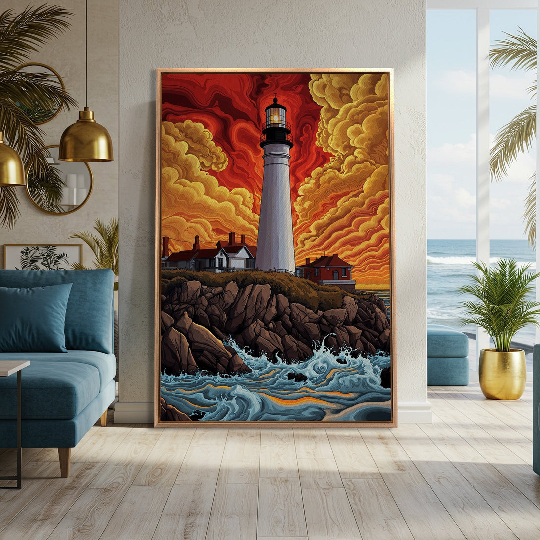 Framed Wall Art: Lighthouse print with vibrant red, orange, and blue tones. Coastal art in a modern interior. Perfect for adding a pop of color and style.