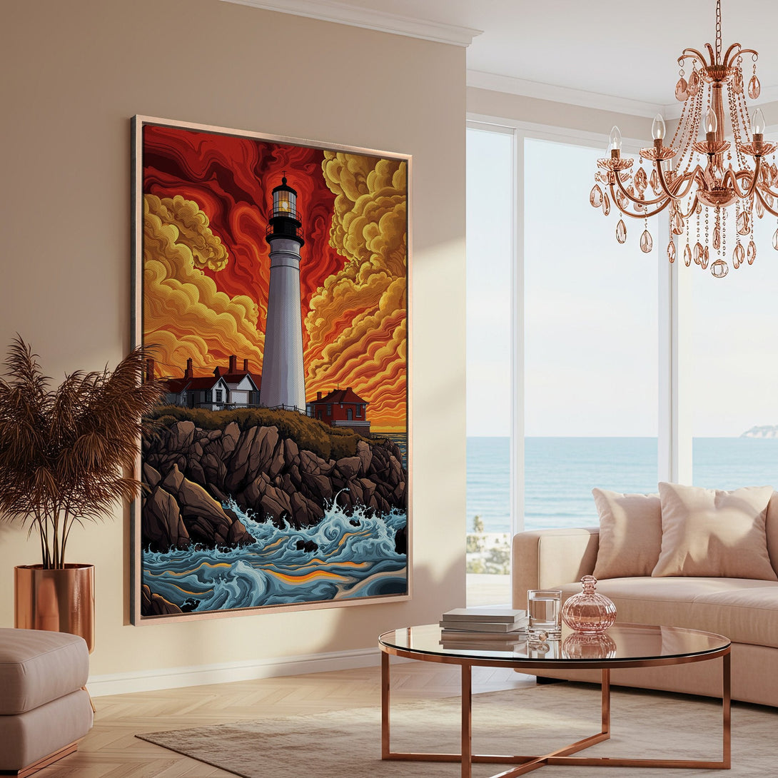 Framed Wall Art featuring a lighthouse painting in a vibrant red, orange, and blue color palette, perfect for coastal decor.