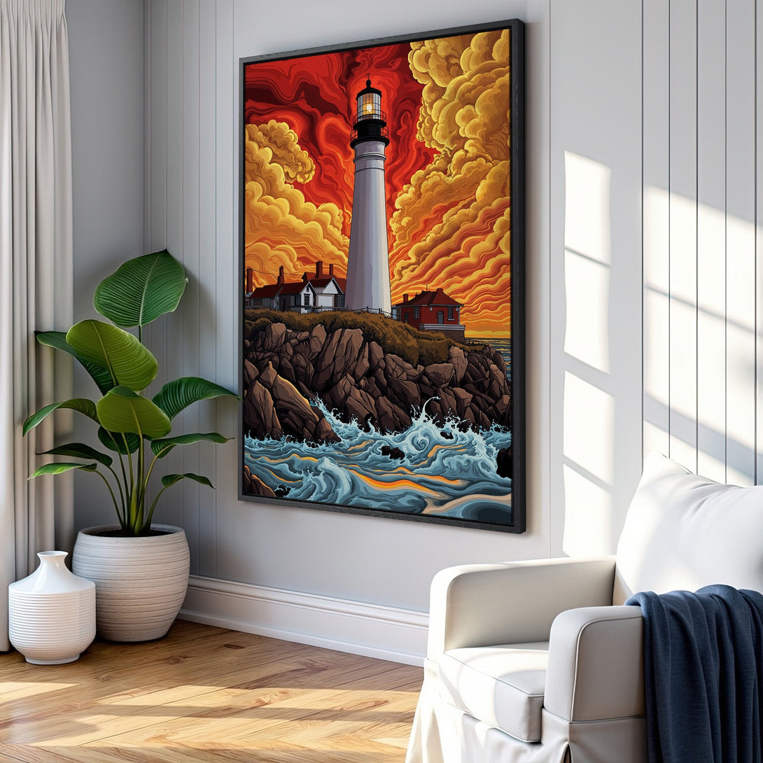 Framed Wall Art featuring a lighthouse scene with vibrant red and yellow sky. Coastal art print in a modern interior, perfect for adding a pop of color.
