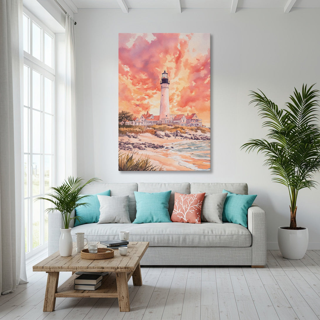 Framed Wall Art featuring a lighthouse watercolor painting with a warm, sunset color palette. Coastal decor inspiration for your home.