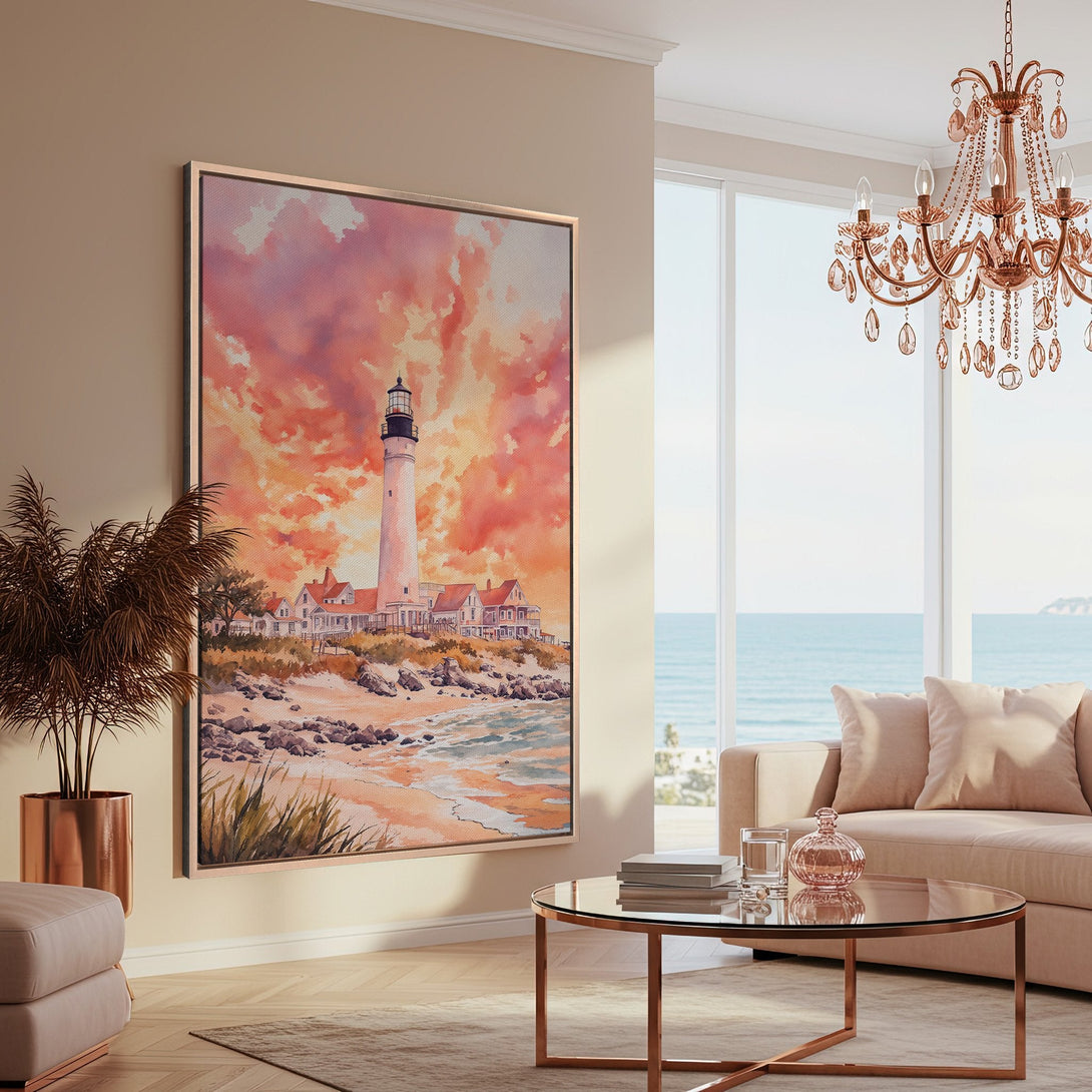Framed Wall Art: Watercolor lighthouse scene with sunset hues. Coastal art in warm peach and pink tones. Enhance your home decor with this beautiful print.