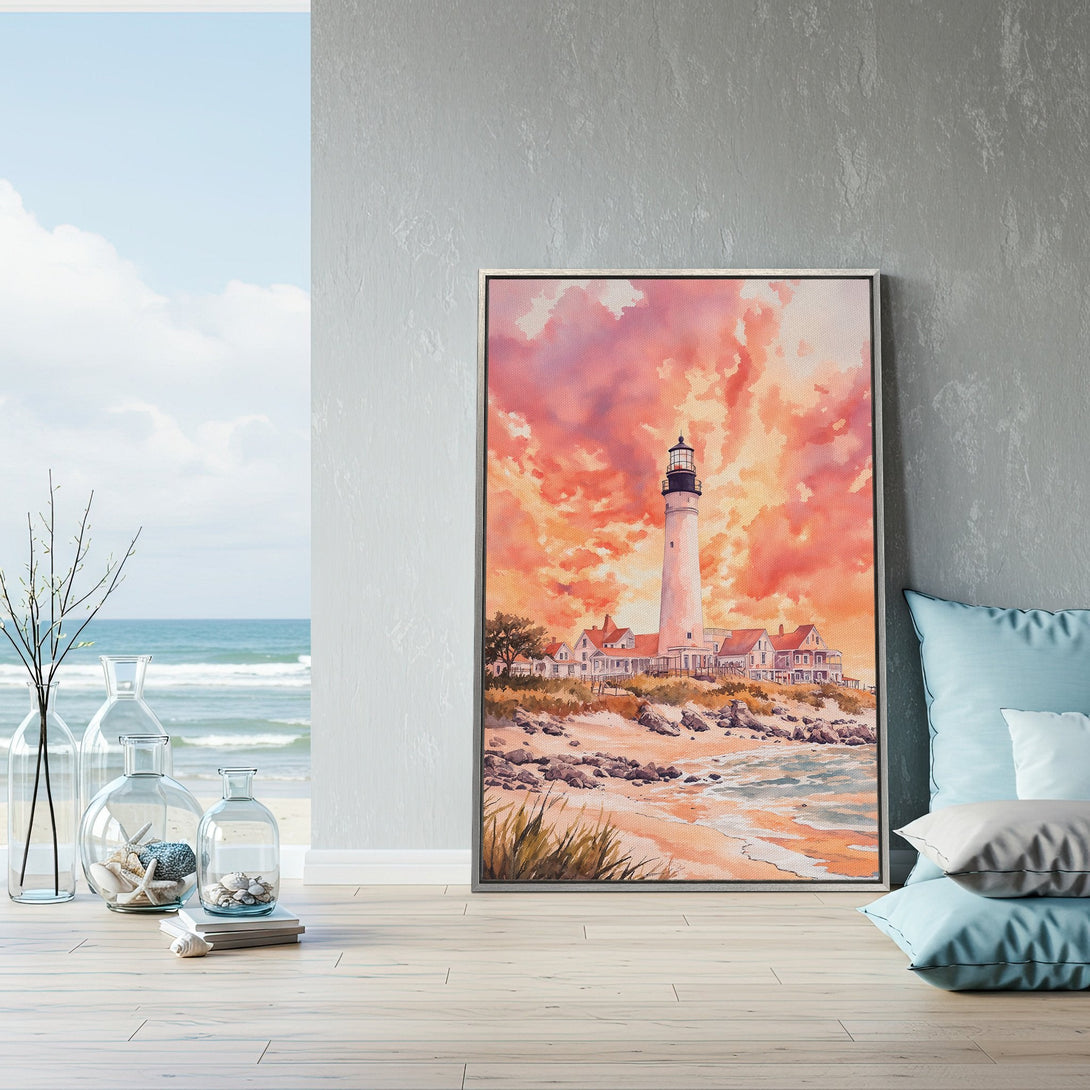Framed Wall Art featuring a watercolor lighthouse scene with a vibrant sunset color palette. Coastal decor for a serene living space.