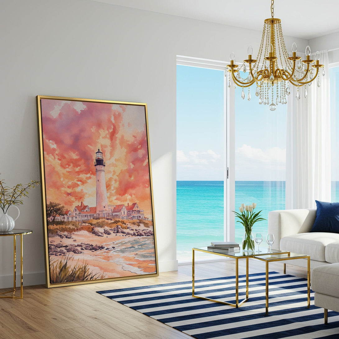 Canvas Print of a lighthouse watercolor painting in warm sunset colors. Coastal wall art for a cozy living room.