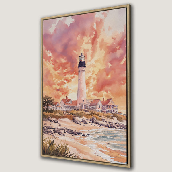 Framed Wall Art of a lighthouse at sunset. Watercolor style with warm orange and pink hues. Coastal decor for your home.